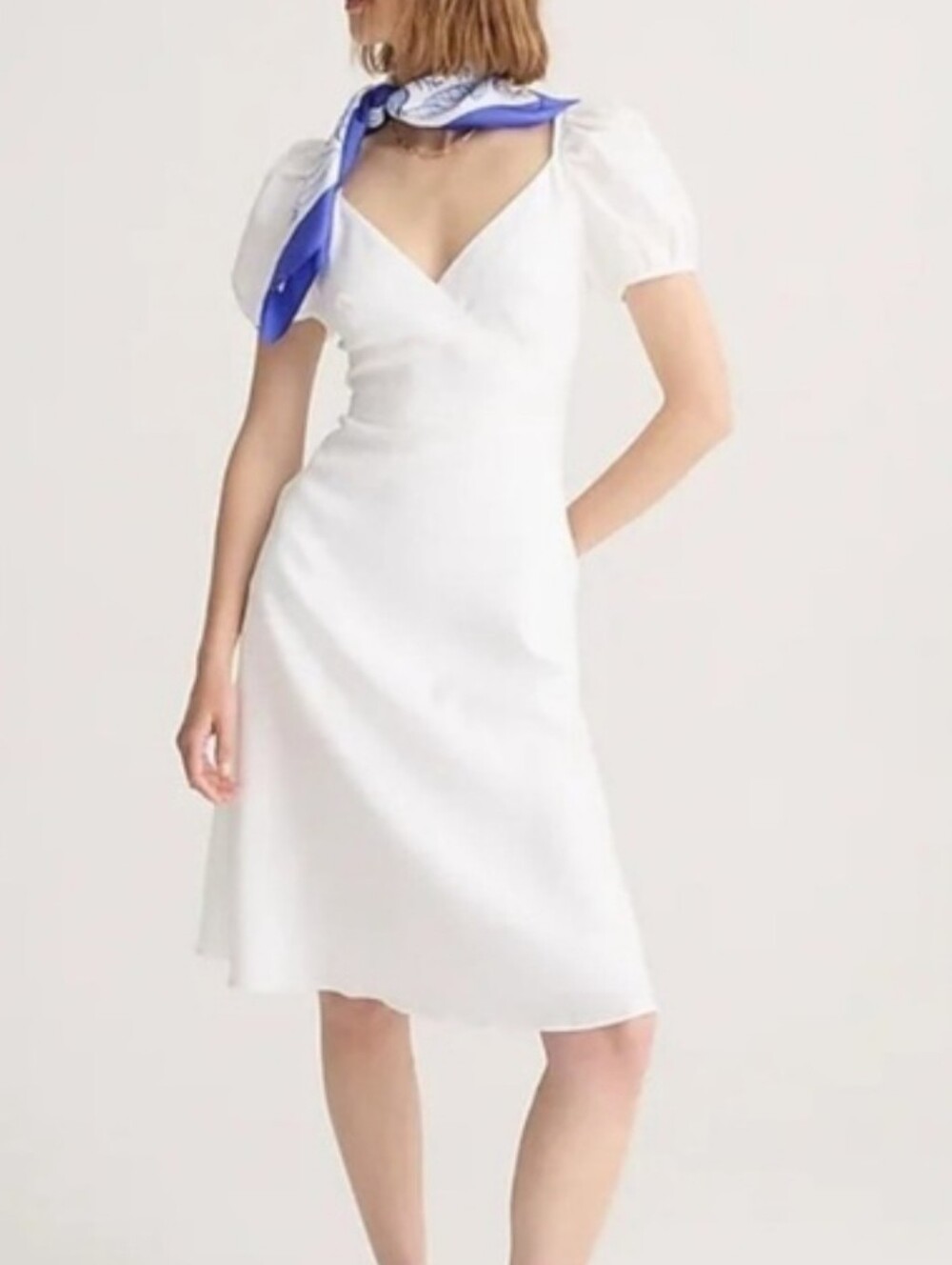J. Crew White Puff-Sleeve V-Neck Midi Dress